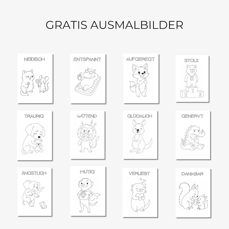 May include: Black and white line drawings of various animals expressing different emotions, such as happy, sad, and angry. The text "GRATIS AUSMALBILDER" is at the top of the image.