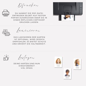 May include: A step-by-step guide on how to print and laminate cards. The guide includes instructions for printing the PDF file, laminating the cards, and getting them ready to use. The image shows a printer, a laminator, and a thumbs up icon.