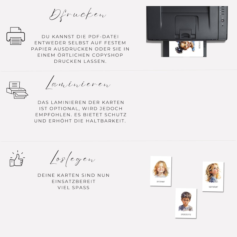 May include: A step-by-step guide on how to print and laminate cards. The guide includes instructions for printing the PDF file, laminating the cards, and getting them ready to use. The image shows a printer, a laminator, and a thumbs up icon.