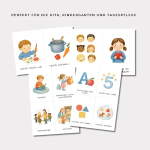 May include: A set of illustrated flashcards for early childhood education. The cards feature colorful drawings of children, objects, and activities, with German text. The cards cover topics like painting, cooking, and learning the alphabet.