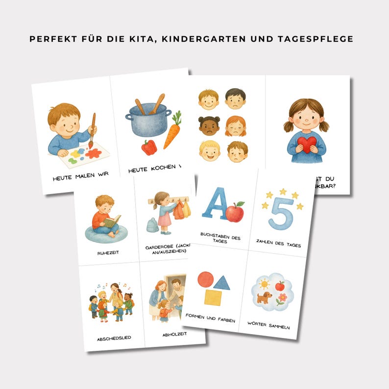May include: A set of illustrated flashcards for early childhood education. The cards feature colorful drawings of children, objects, and activities, with German text. The cards cover topics like painting, cooking, and learning the alphabet.