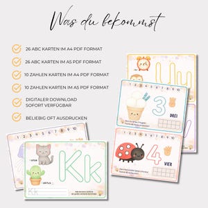 May include: Educational printable cards featuring letters and numbers with colorful illustrations of animals and objects. The text includes 'Was du bekommst', '26 ABC KARTEN', '10 ZAHLEN KARTEN', 'DIGITALER DOWNLOAD', and 'BELIEBIG OFT AUSDRUCKEN' alongside number cards.