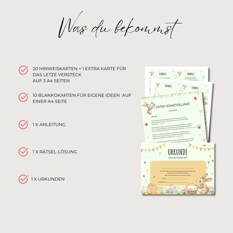 Puede incluir: Un conjunto de materiales imprimibles para una b&uacute;squeda del tesoro de Pascua. El conjunto incluye 20 tarjetas de pistas, 10 tarjetas en blanco, 1 hoja de instrucciones, 1 hoja de soluciones y 1 certificado. El dise&ntilde;o presenta un lindo conejito con una cesta de huevos.