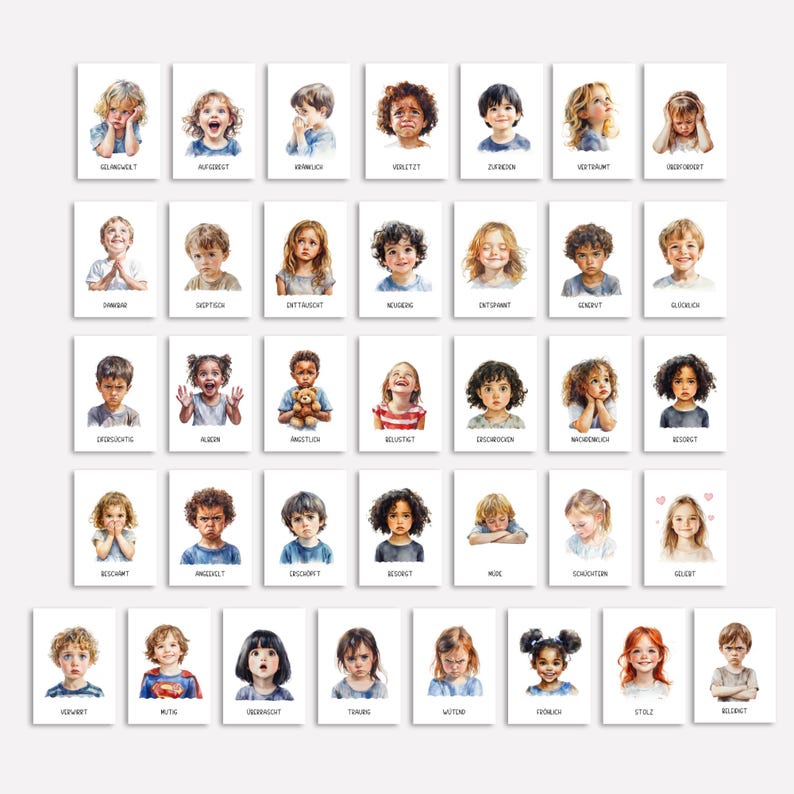 May include: A set of 36 watercolour illustrations of children's faces expressing different emotions. Each illustration is framed with a white border and includes a German word describing the emotion.