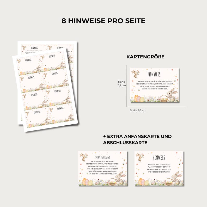 May include: A set of printable Easter bunny themed game cards with instructions for a scavenger hunt. The cards are decorated with pastel colours, bunnies, eggs, and flowers. The text on the cards reads "8 Hinweise pro Seite", "Karten Gr&ouml;&szlig;e", "Hohe 6.7 cm", "Breite 9.2 cm", "+ Extra Anfanskare und Abschlusskarte", "Schnitzeljagd", and "Hinweis".