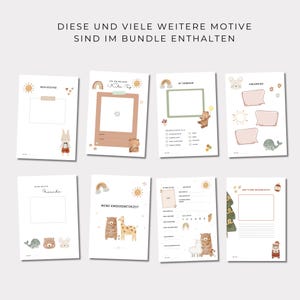May include: A set of printable pages with illustrations of animals and text in German. The pages include titles like "My First Day", "My Kindergarten Time", "My Friends", and "My First Christmas".