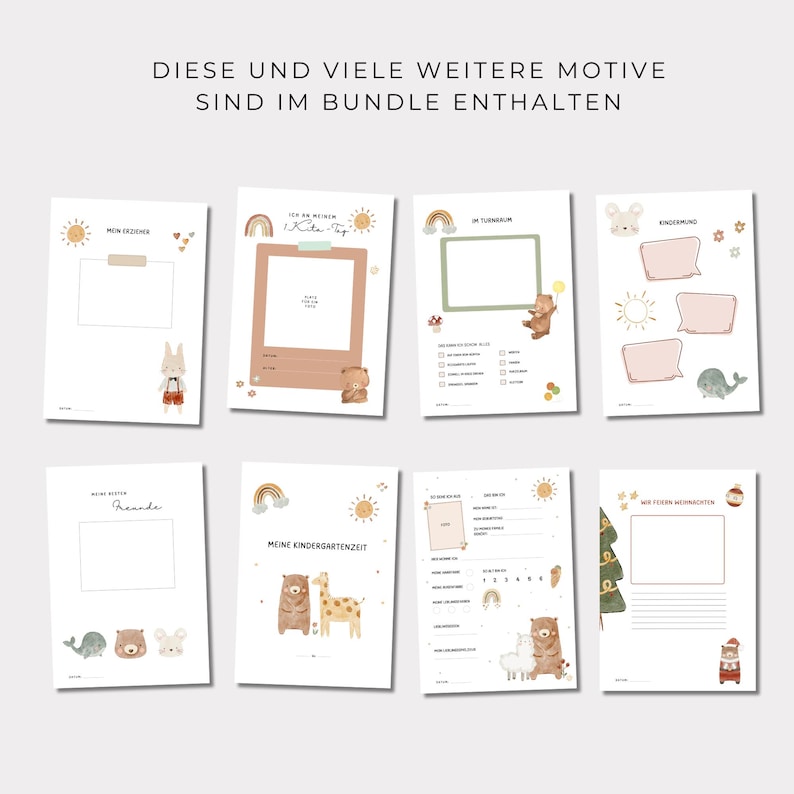 May include: A set of printable pages with illustrations of animals and text in German. The pages include titles like "My First Day", "My Kindergarten Time", "My Friends", and "My First Christmas".