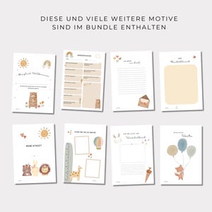 May include: A set of printable pages for a kindergarten or preschool classroom. The pages feature a variety of themes, including a welcome page, a growth chart, a page for recording a child's first day of school, and a page for recording a child's birthday. The pages are decorated with cute illustrations of animals and other objects.