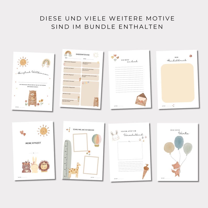 May include: A set of printable pages for a kindergarten or preschool classroom. The pages feature a variety of themes, including a welcome page, a growth chart, a page for recording a child's first day of school, and a page for recording a child's birthday. The pages are decorated with cute illustrations of animals and other objects.