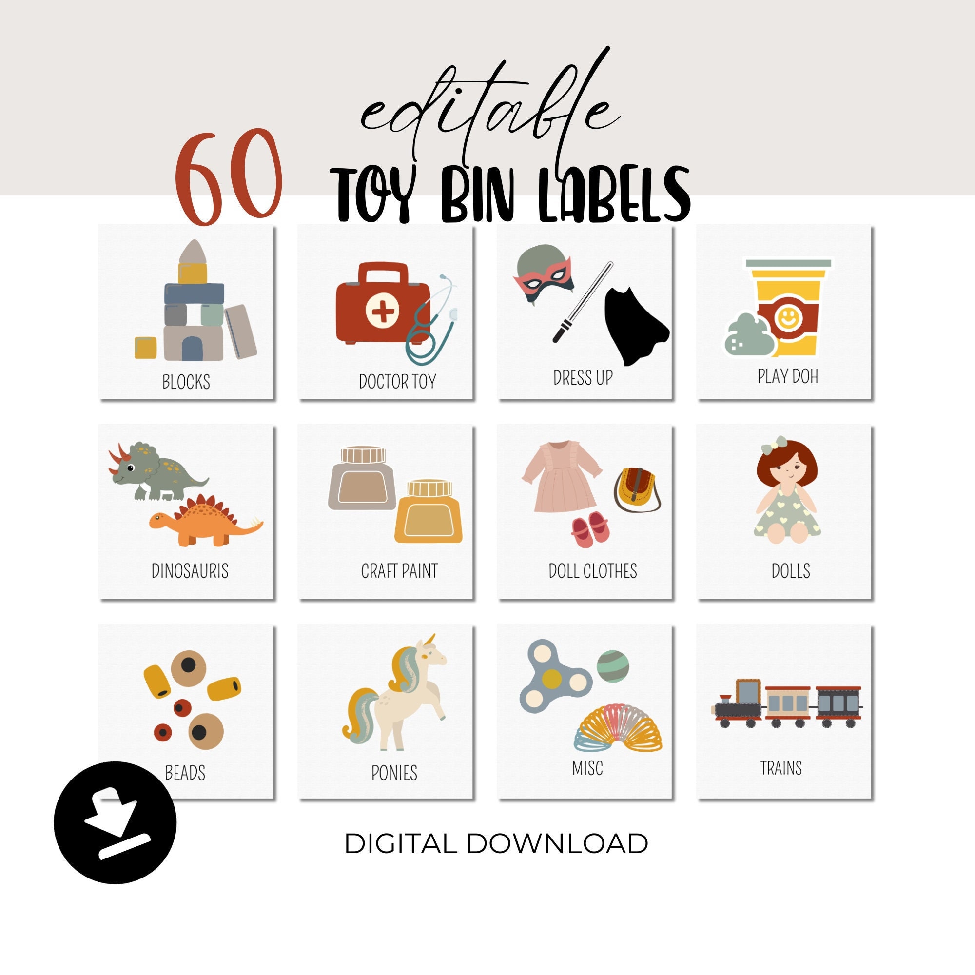 Toy bin labels editable , Toy box labels with picture,  Trofast storage labels, printable, digital download