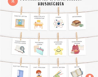 May include: A set of 12 colorful cards with illustrations and text in German. The cards are designed to help children with their homework routine. The text on the cards includes "Fenster Lüften", "Arbeitsplatz Vorbereiten", "Entspannen", "Lernen", "Hausaufgaben Kontrollieren", "Postmappe Leeren", "Sternchen-Aufgabe", "Schulranzen Packen", "Blatter Abheften", "Laut Vorlesen", "Stifte Spitzen", and "Mathe".