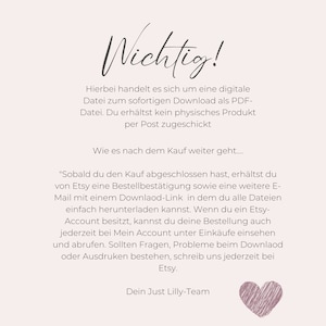May include: A pink heart graphic with the text "Wichtig!" in black. The text below explains that the purchase is for a digital download only and that no physical product will be shipped. The text also explains how to download the digital file after purchase.
