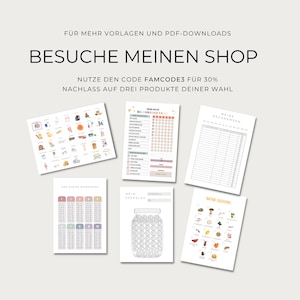 May include: Six printable sheets featuring various organizational charts, including a reward tracker, a bill tracker, a multiplication table, a savings jar, and nature scavenger hunt lists, with German text headers and promotional shop information.