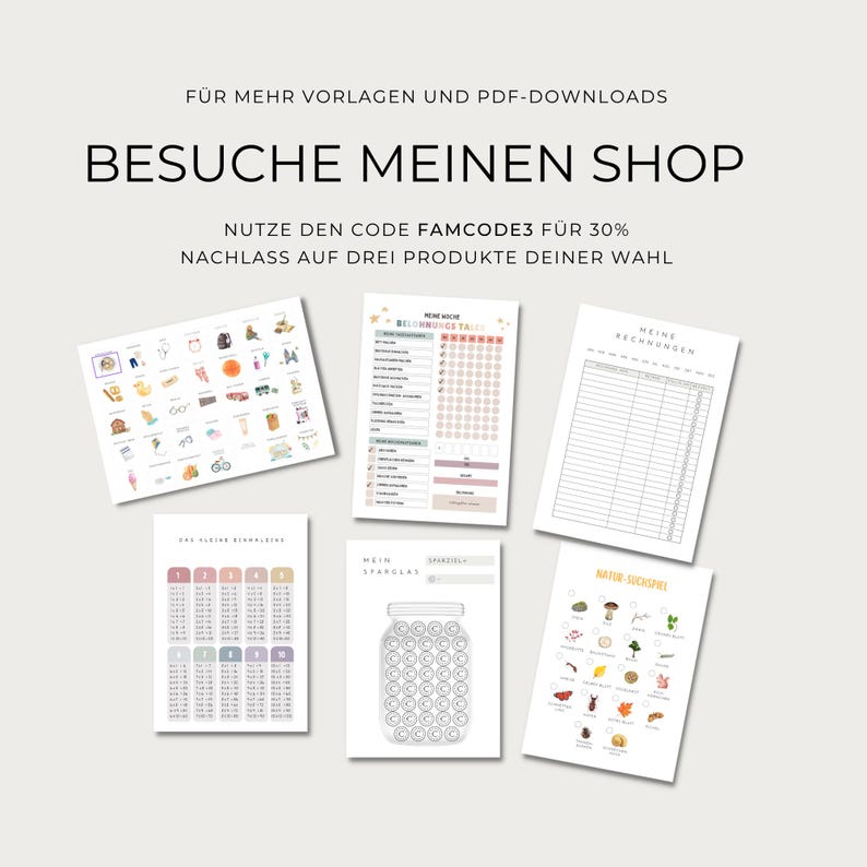May include: Six printable sheets featuring various organizational charts, including a reward tracker, a bill tracker, a multiplication table, a savings jar, and nature scavenger hunt lists, with German text headers and promotional shop information.
