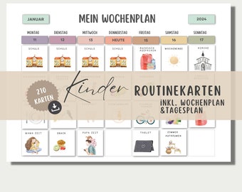 May include: A printable weekly planner for kids with 210 routine cards. The planner features a calendar with days of the week, a section for daily routines, and a section for weekly routines. The planner is designed to help kids learn and manage their time.