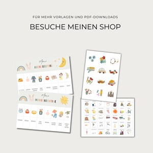 May include: Two printable charts for a morning and evening routine with colourful illustrations of a bunny, rainbow, sun, moon, and other activities. The charts are designed for children and include spaces for adding stickers or other visuals.