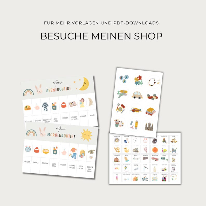 May include: Two printable charts for a morning and evening routine with colourful illustrations of a bunny, rainbow, sun, moon, and other activities. The charts are designed for children and include spaces for adding stickers or other visuals.