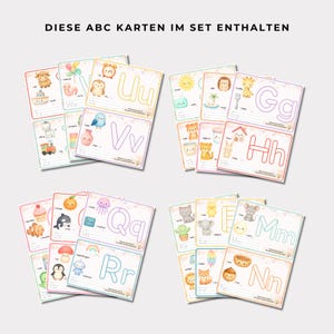 May include: A set of educational alphabet cards featuring colorful watercolor illustrations of animals and objects paired with letters. The text DIESE ABC KARTEN IM SET ENTHALTEN is printed at the top. Each card displays a large letter and a corresponding word.