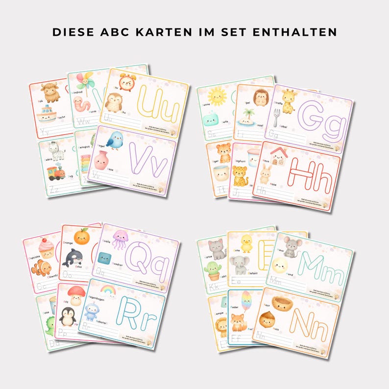 May include: A set of educational alphabet cards featuring colorful watercolor illustrations of animals and objects paired with letters. The text DIESE ABC KARTEN IM SET ENTHALTEN is printed at the top. Each card displays a large letter and a corresponding word.