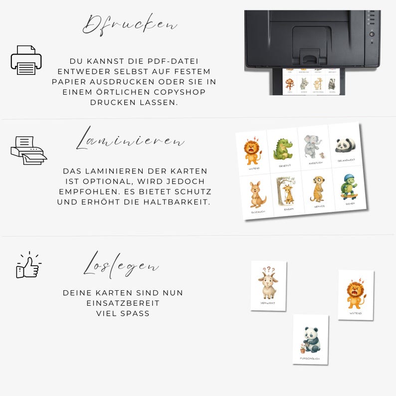 May include: A printer printing a sheet of illustrated cards featuring various animals. The cards are part of a set, with instructions in German. The image also shows individual cards with animal illustrations.
