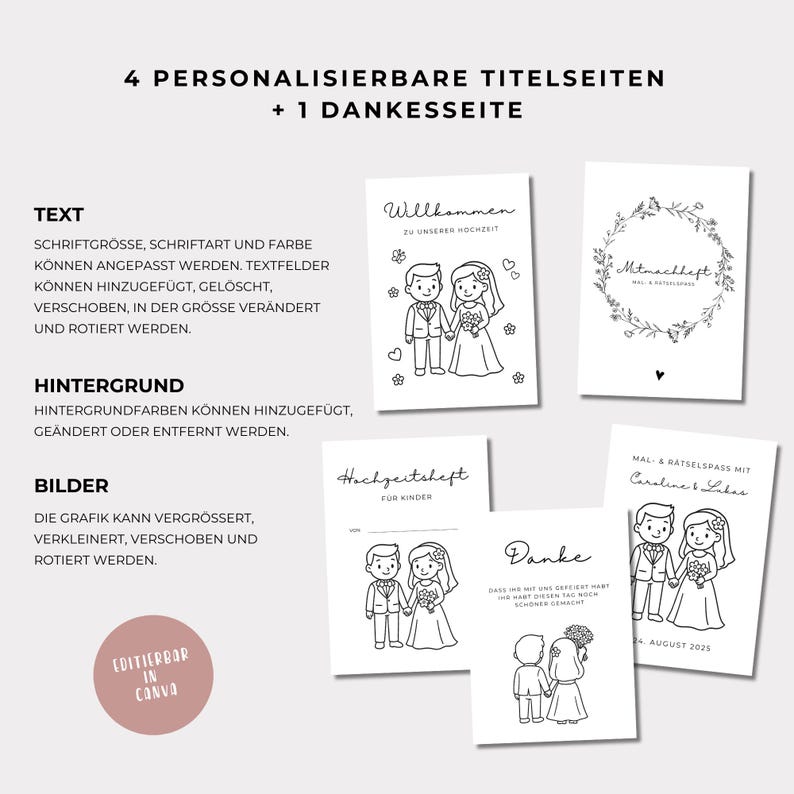 May include: A set of five wedding cards with black line art illustrations and German text. The cards include phrases like "Willkommen" and "Danke." The cards are designed to be personalised and edited using Canva.