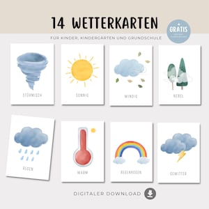 Puede incluir: Juego de 8 tarjetas meteorológicas de acuarela. Cada tarjeta presenta una condición meteorológica diferente, incluyendo un tornado, sol, nubes, lluvia, arcoíris y relámpagos. El texto "14 Wetterkarten" está en la parte superior.