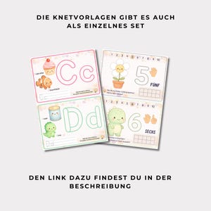 May include: Educational activity cards featuring letters C and D with illustrations of a cupcake, clownfish, can, and dinosaur, alongside number cards 5 and 6 with a flower and dinosaur graphic, including German text and counting grids for children.