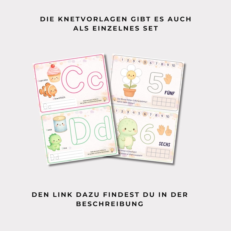 May include: Educational activity cards featuring letters C and D with illustrations of a cupcake, clownfish, can, and dinosaur, alongside number cards 5 and 6 with a flower and dinosaur graphic, including German text and counting grids for children.