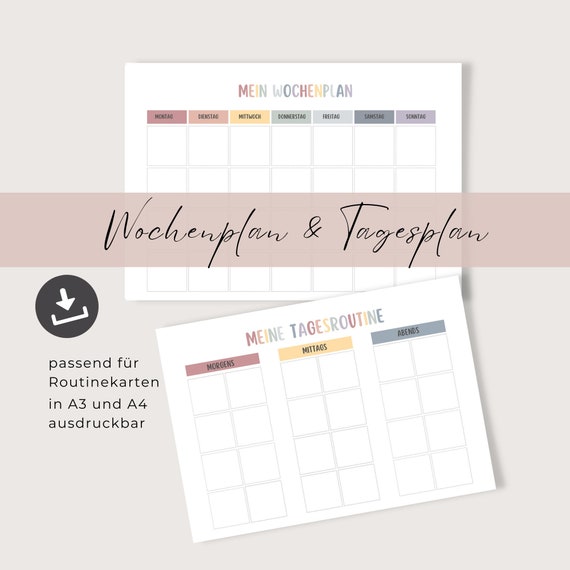 Wochenplan und Tagesplan Kinder A3, Montessori inspiriert, Wochenplan deutsch pastellfarben – Digitaler PDF Download zum runterladen