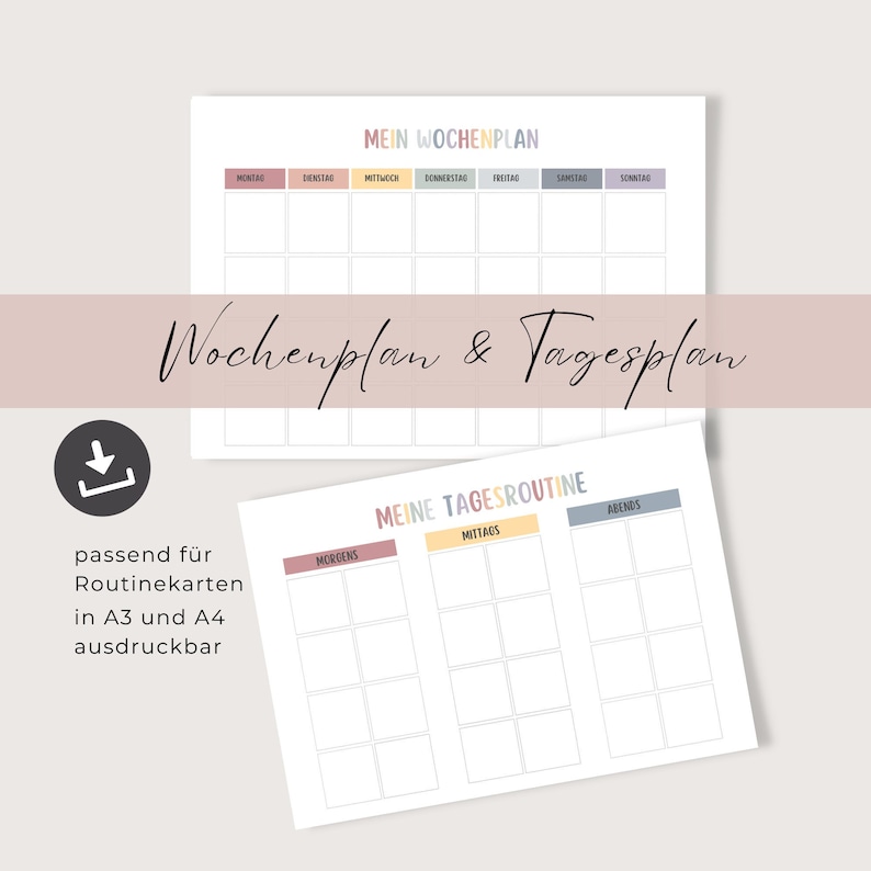 Op de afbeelding: Printbare wekelijkse en dagelijkse planner sjablonen met kleurrijke koppen. De weekplanner heeft ruimte voor maandag tot en met zondag. De dagplanner heeft secties voor ochtend, middag en avond.