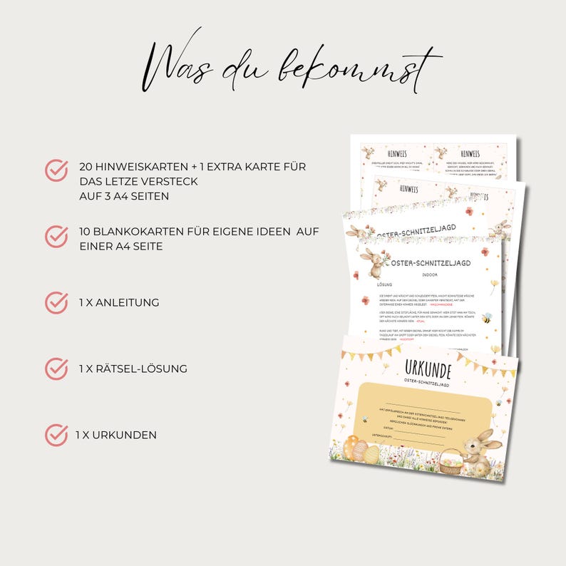 May include: A checklist of items included in an Easter scavenger hunt game. The checklist includes 20 clue cards, 10 blank cards, 1 instruction sheet, 1 solution sheet, and 1 certificate. The checklist is on a white background with a pink checkmark next to each item.