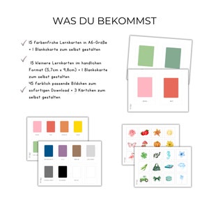 K&ouml;nnte beinhalten: Eine Sammlung farbenfroher Lernkarten und Bildkarten. Das Bild zeigt Karten mit Farbfeldern, einzelnen Farben, die auf Deutsch beschriftet sind, und illustrierten Karten mit verschiedenen Bildern. Der Text auf Deutsch lautet "WAS DU BEKOMMST".