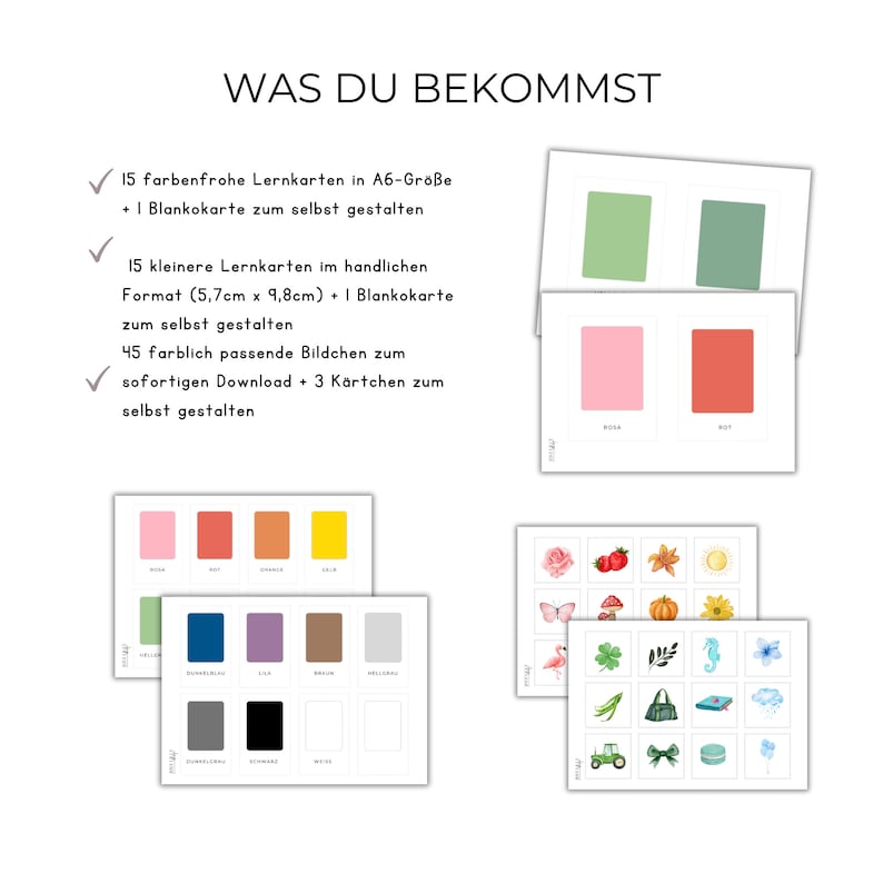 K&ouml;nnte beinhalten: Eine Sammlung farbenfroher Lernkarten und Bildkarten. Das Bild zeigt Karten mit Farbfeldern, einzelnen Farben, die auf Deutsch beschriftet sind, und illustrierten Karten mit verschiedenen Bildern. Der Text auf Deutsch lautet "WAS DU BEKOMMST".