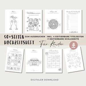 Könnte beinhalten: Eine Sammlung von ausdruckbaren Hochzeits-Aktivitätsseiten für Kinder. Die Seiten zeigen Strichzeichnungen von Champagnergläsern, einem Labyrinth und anderen hochzeitsbezogenen Illustrationen. Text: "50+ Seiten Zum Ausdrucken" und "Digitaler Download."