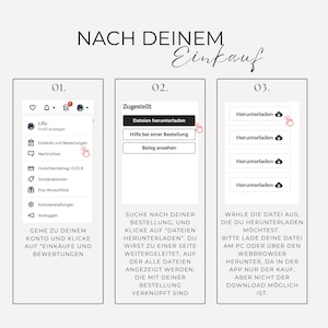 May include: A three-step guide on how to download files after making a purchase on Etsy. The steps are: 1. Go to your account and click on Purchases and Reviews, 2. Search for your order and click on "Download Files", 3. Choose the file you want to download.