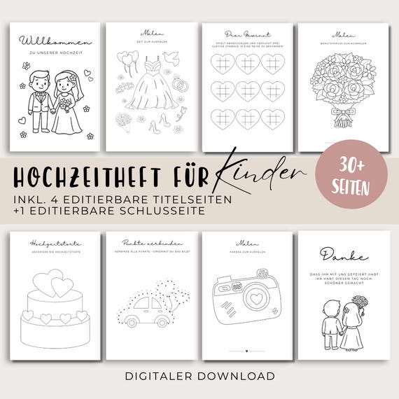 Hochzeit Malbuch für Kinder, Malbücher Hochzeit Beschäftigung Malbuch Gastgeschenk, PDF digitaler Download, editierbare Titelseite
