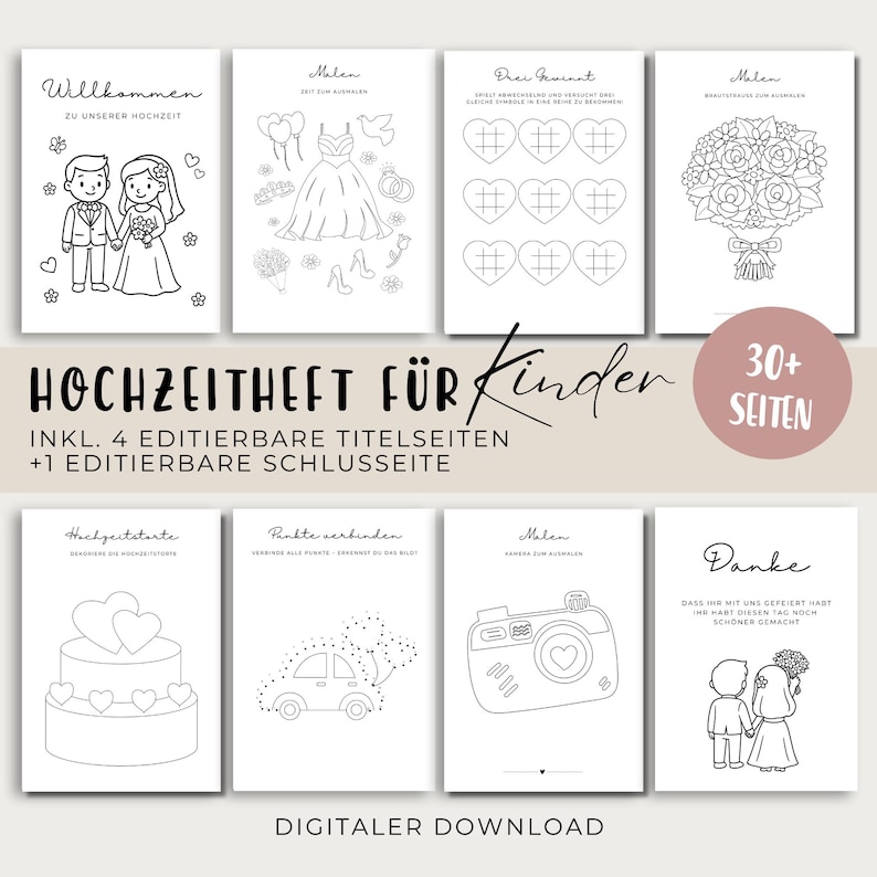 May include: A set of printable wedding activity sheets for children. The pages include line drawings of wedding-themed elements like a bride and groom, a wedding cake, and a floral bouquet. The text "Hochzeitheft f&uuml;r Kinder" is visible.