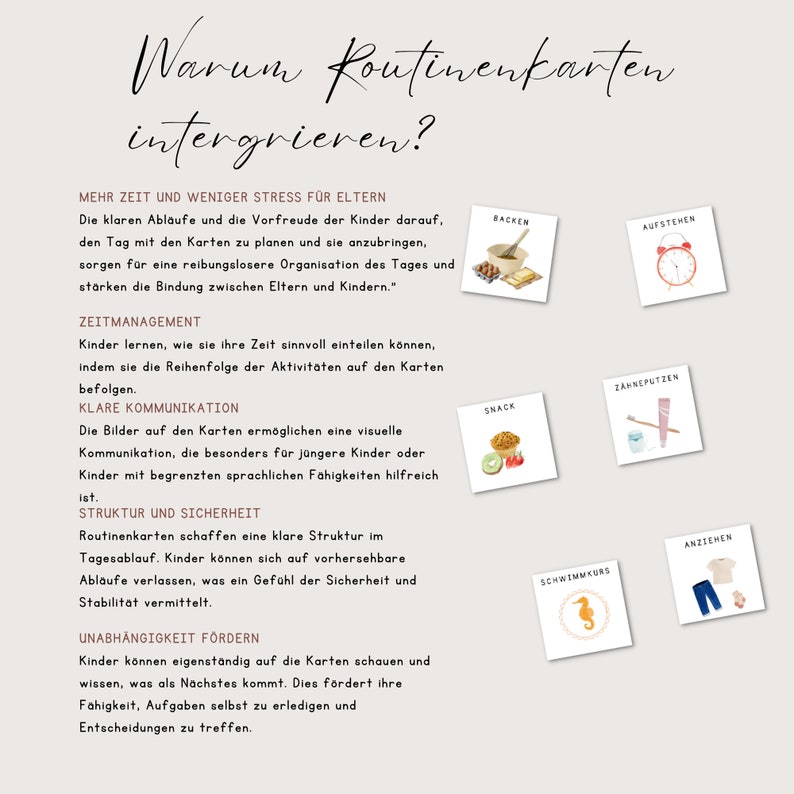May include: A colorful infographic explaining the benefits of using routine cards for children. The infographic features illustrations of activities like getting dressed, brushing teeth, and having a snack. The text highlights how routine cards can help children learn time management, improve communication, and feel more secure.