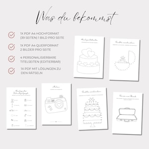 May include: A set of printable wedding activity sheets. The sheets feature line drawings of a wedding cake, camera, suitcase, and other wedding-related items. The text "Was du bekommst" is at the top.