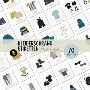 Könnte beinhalten: Ein Set mit 70 bunten Etiketten für einen Jungen-Kleiderschrank, mit Illustrationen verschiedener Kleidungsstücke wie Hemden, Hosen, Schuhe und Accessoires. Die Etiketten sind in einem Rasterformat angeordnet und enthalten den Text "Kleiderschrank Etiketten boys edition 70 Etiketten".