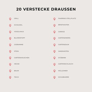 Puede incluir: Una ilustraci&oacute;n de 20 objetos ocultos en un jard&iacute;n. Los objetos est&aacute;n etiquetados con palabras alemanas, como "Grill", "Schaukel", "Fahrrad-Stellplatz" y "Briefkasten".