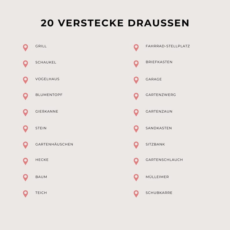 Puede incluir: Una ilustraci&oacute;n de 20 objetos ocultos en un jard&iacute;n. Los objetos est&aacute;n etiquetados con palabras alemanas, como "Grill", "Schaukel", "Fahrrad-Stellplatz" y "Briefkasten".