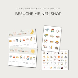 K&ouml;nnte beinhalten: Zwei druckbare Diagramme f&uuml;r die Morgen- und Abendroutine von Kindern. Die Diagramme zeigen bunte Illustrationen von Aktivit&auml;ten wie Z&auml;hneputzen, Anziehen und Lesen eines Buches. Die Diagramme sollen Kindern helfen, eine t&auml;gliche Routine zu lernen und zu befolgen.