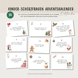 Puede incluir: Calendario de Adviento con 30 acertijos divertidos para niños de 5 a 10 años. Las tarjetas presentan ilustraciones festivas de un oso polar, un árbol de Navidad y Papá Noel. El texto está en alemán.