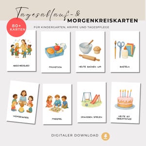 Könnte beinhalten: Ein Satz von acht illustrierten Karten mit deutschem Text, die Kinder und Aktivitäten zeigen. Die Karten zeigen Bilder von Frühstück, Backen, Basteln und Spielen im Freien. Der Text enthält "Tagesablauf-" und "Morgenkreiskarten."