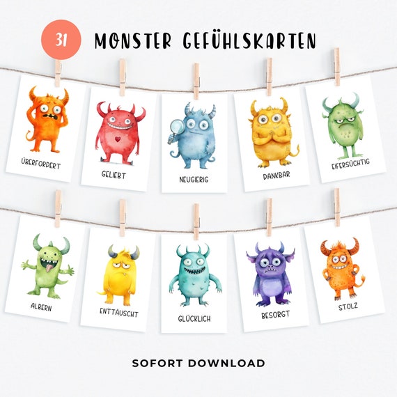 Monster Gefühlskarten Kinder, Gefühle Kinder, Montessori Lernkarten, Emotionskarten, Emotionen verstehen und entwickeln, digitaler Download