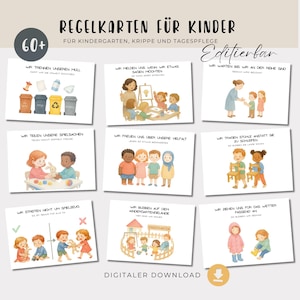 Op de afbeelding: Een verzameling geïllustreerde kaarten voor kinderen, met verschillende scenario's en instructies. De kaarten hebben Duitse tekst en afbeeldingen van kinderen in verschillende situaties, zoals recyclen, speelgoed delen en wachten. Ontworpen voor kleuterscholen.