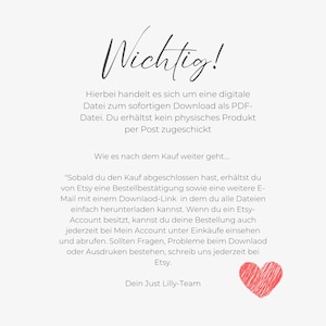 May include: A digital file download notice with the word "Wichtig!" at the top. The text explains the digital download process, including Etsy order confirmation and download links. A red heart graphic is at the bottom.