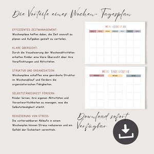 Op de afbeelding: Een printbare wekelijkse planner en dagelijkse routine sjabloon met een roze, blauwe en gele kleurschema. De tekst in de afbeelding luidt "Die Vorteile eines Wochen-Tagesplan" wat vertaalt naar "De voordelen van een weekplanner".