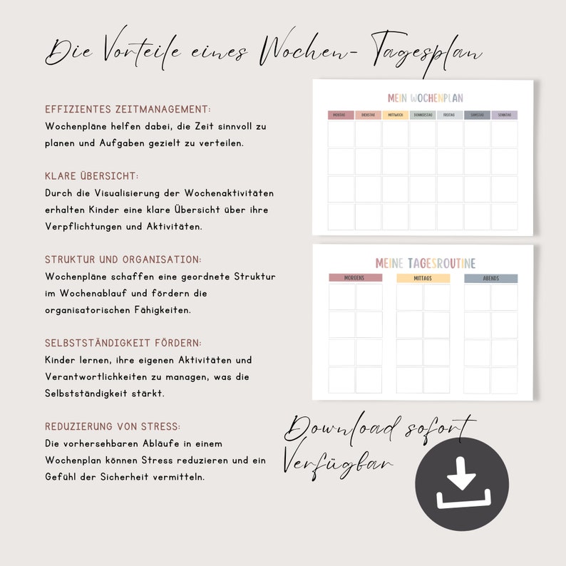 Op de afbeelding: Een printbare wekelijkse planner en dagelijkse routine sjabloon met een roze, blauwe en gele kleurschema. De tekst in de afbeelding luidt "Die Vorteile eines Wochen-Tagesplan" wat vertaalt naar "De voordelen van een weekplanner".
